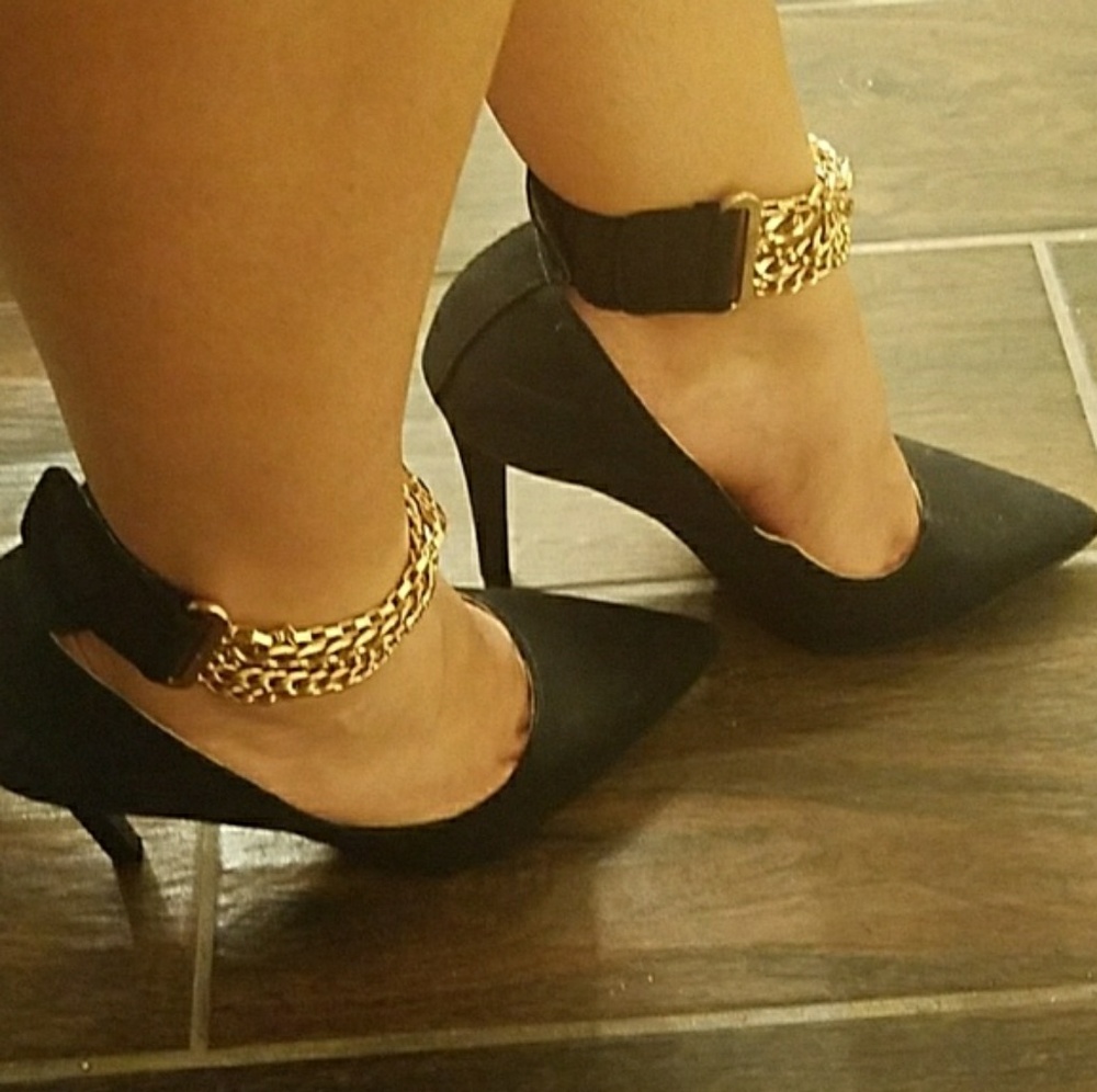 Black heels with gold chain ankle strap